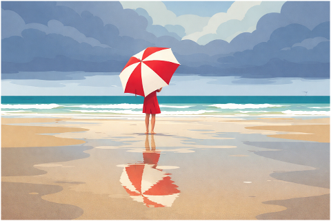 beach-umbrella-red-dress-reflection-10165640
