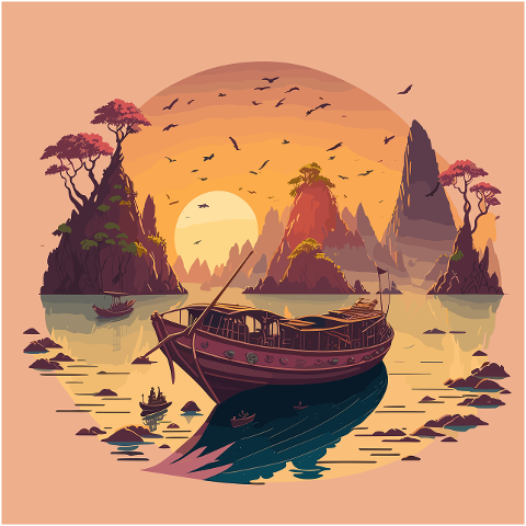 ai-generated-boat-water-sun-hill-8199315