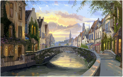 bridge-village-painting-low-poly-7464288