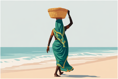 woman-walking-beach-carrying-basket-10184390