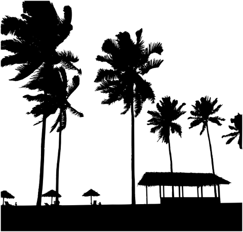 silhouette-palm-trees-huts-beach-5733407