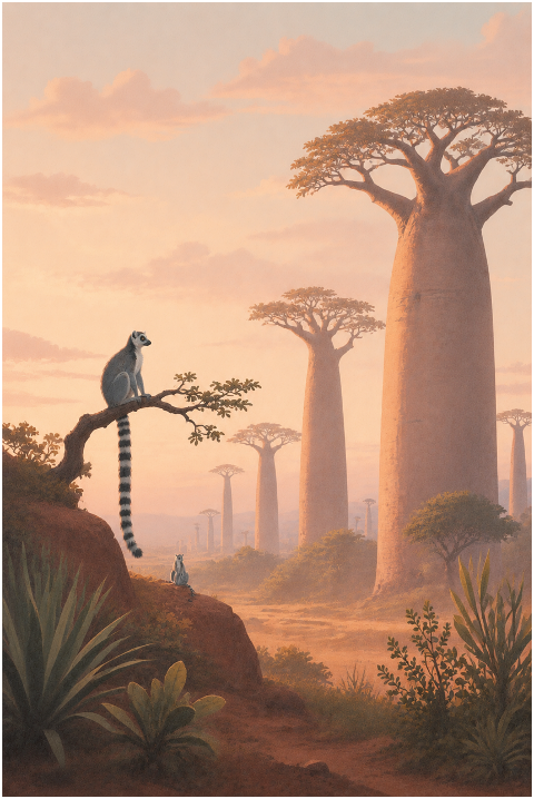 baobab-lemur-madagascar-sunset-10265666