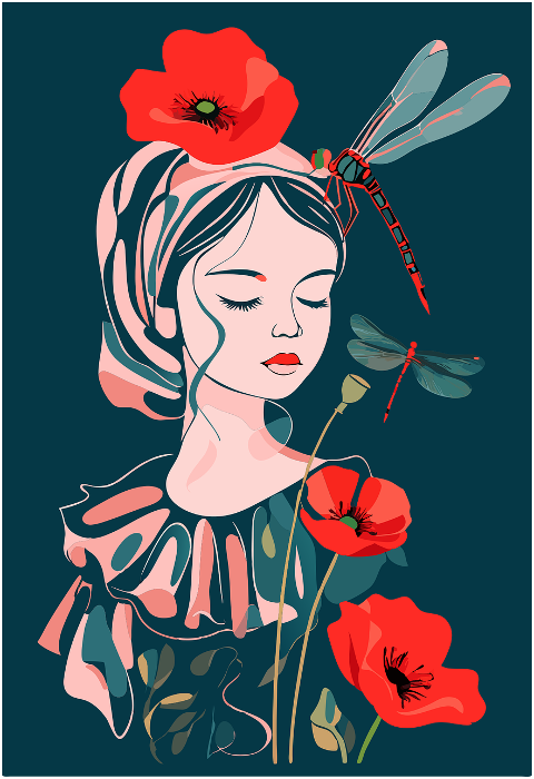 woman-poppies-dragonflies-floral-9301008