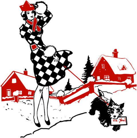 woman-scottie-dog-houses-snow-5760970